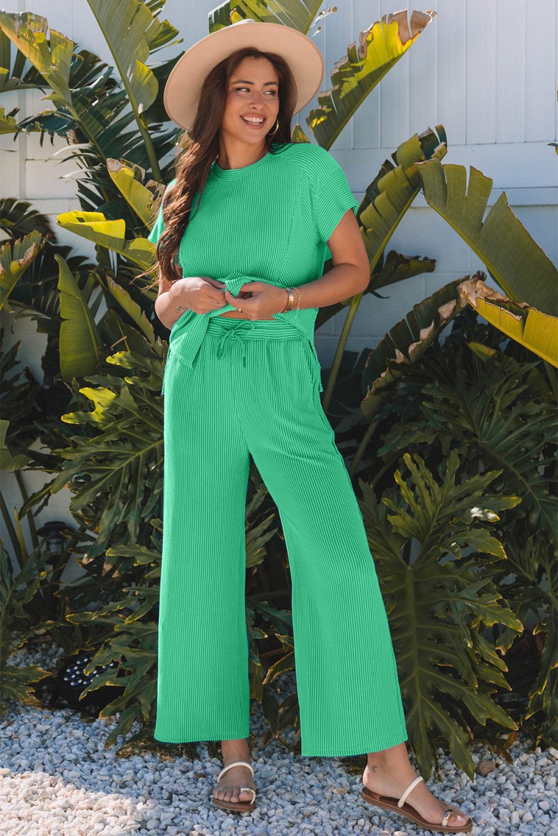 Bright Green Solid Corded Knit Short Sleeve T Shirt Set - Love Salve