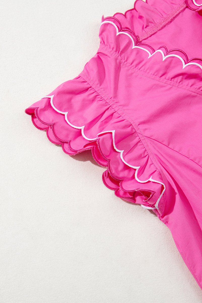 Bright Pink Contrast Scallop Trim Layered V Neck Blouse - Love Salve