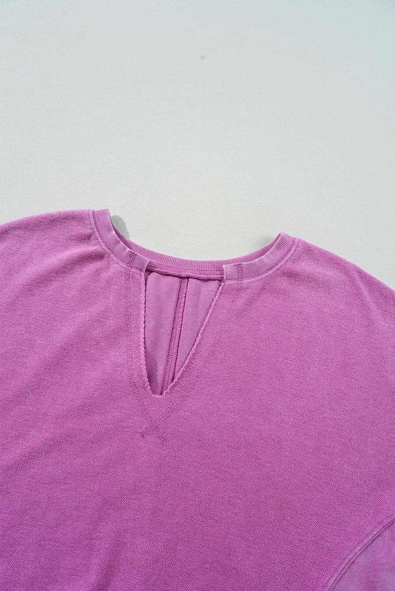 Bright Pink Solid Color Notched Neck Drop Shoulder Sweatshirt - Love Salve