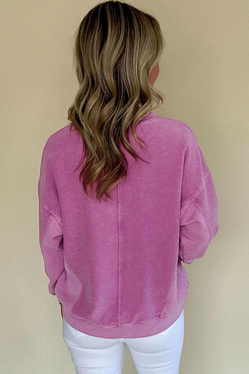 Bright Pink Solid Color Notched Neck Drop Shoulder Sweatshirt - Love Salve