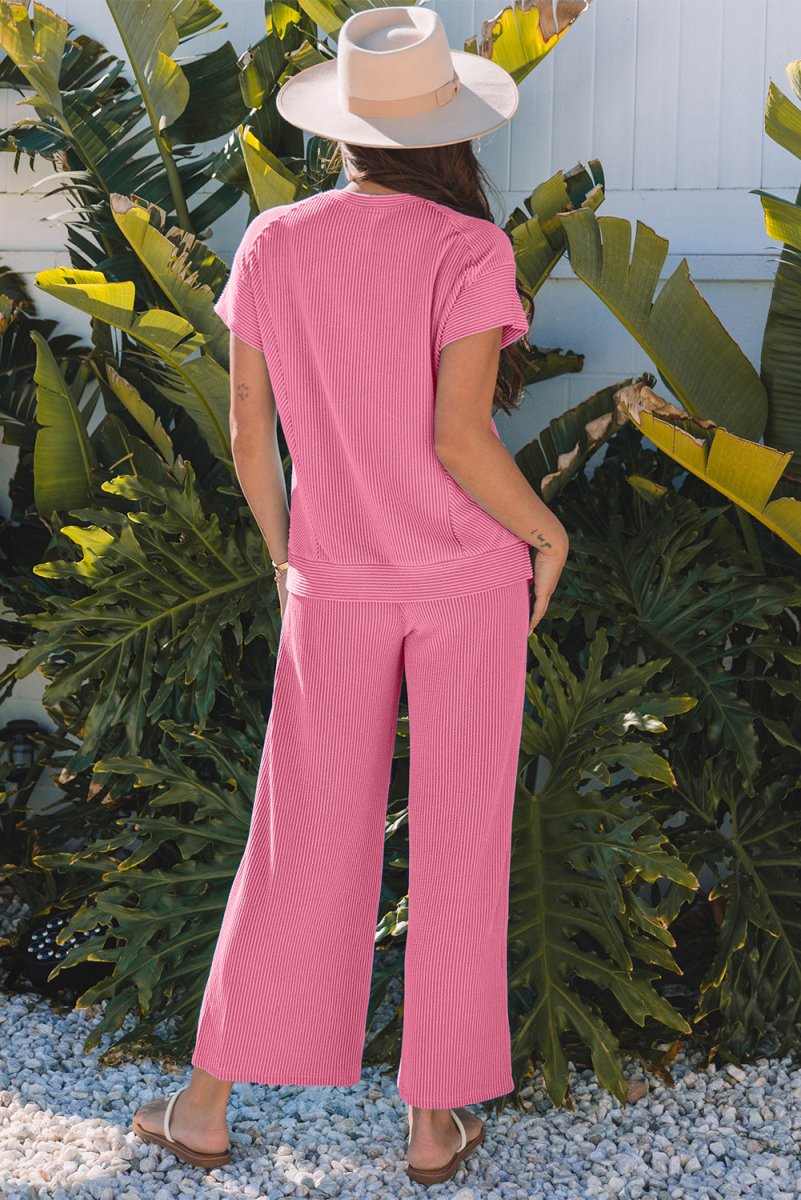 Bright Pink Solid Corded Knit Short Sleeve T Shirt Set - Love Salve
