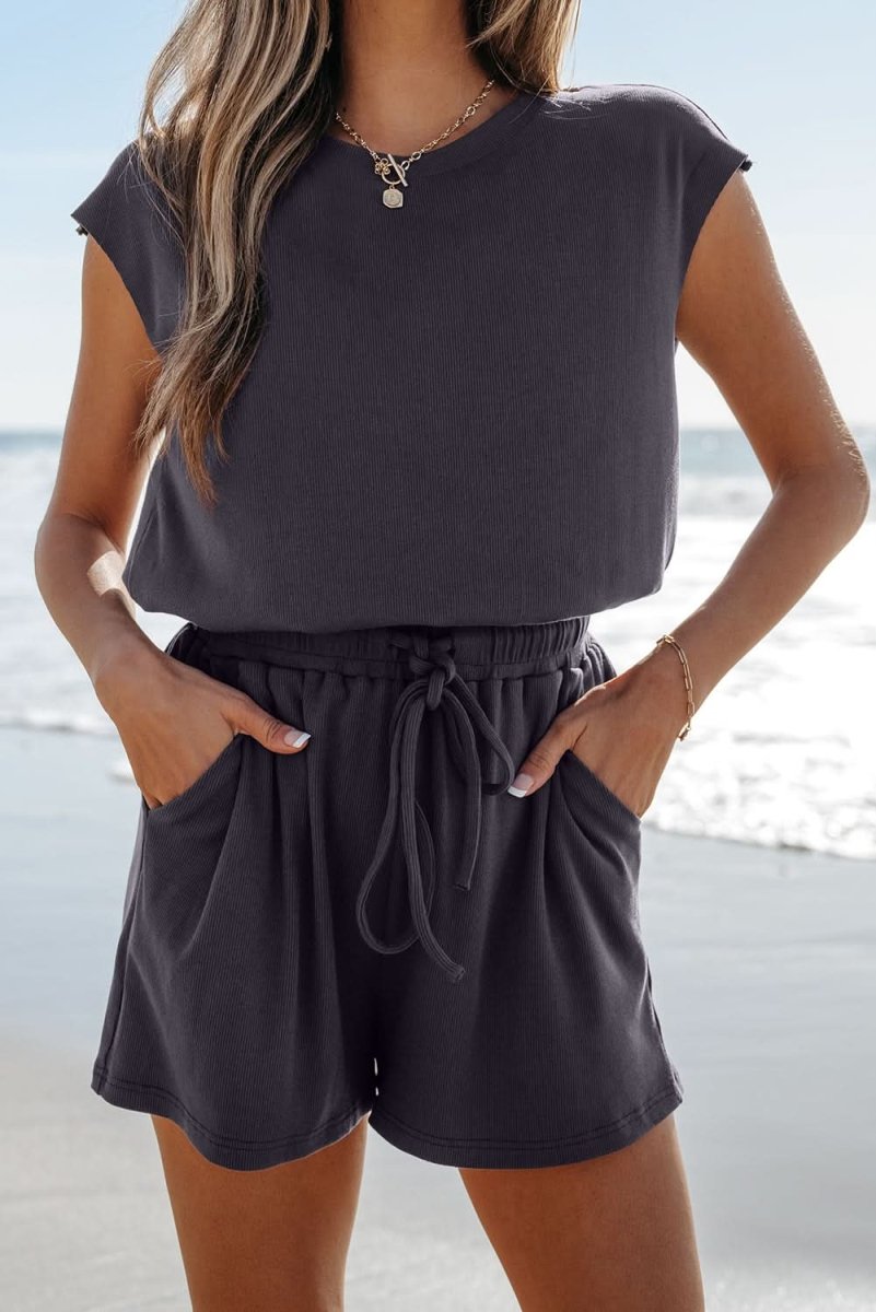 Bristol Black Cap Sleeve Drawstring Open Back Knit Romper - Love Salve