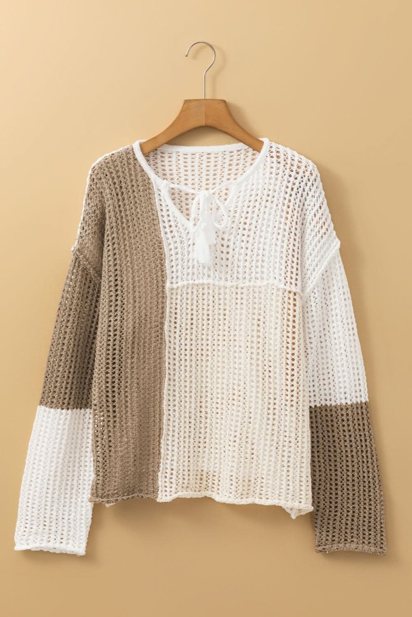 Brown Colorblock V Neck Lightweight Hollow - out Sweater with Front Tie Detail - Love Salve