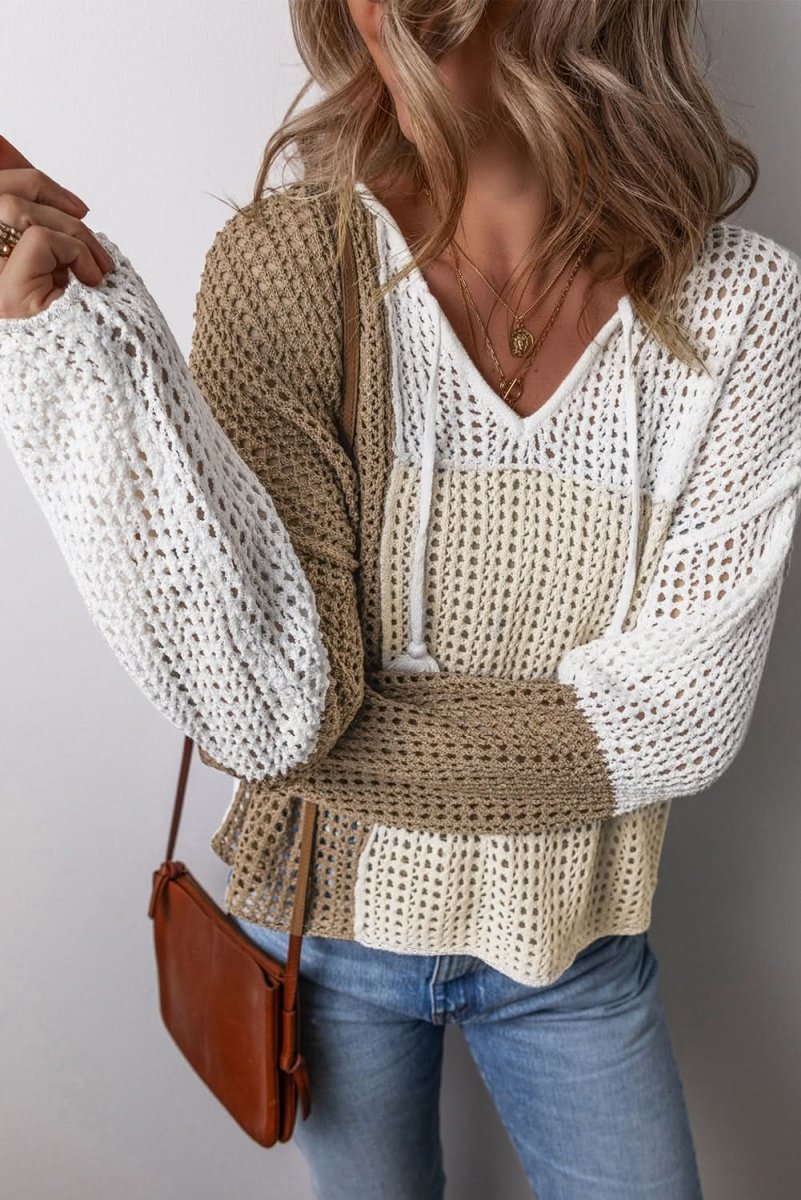 Brown Colorblock V Neck Lightweight Hollow - out Sweater with Front Tie Detail - Love Salve