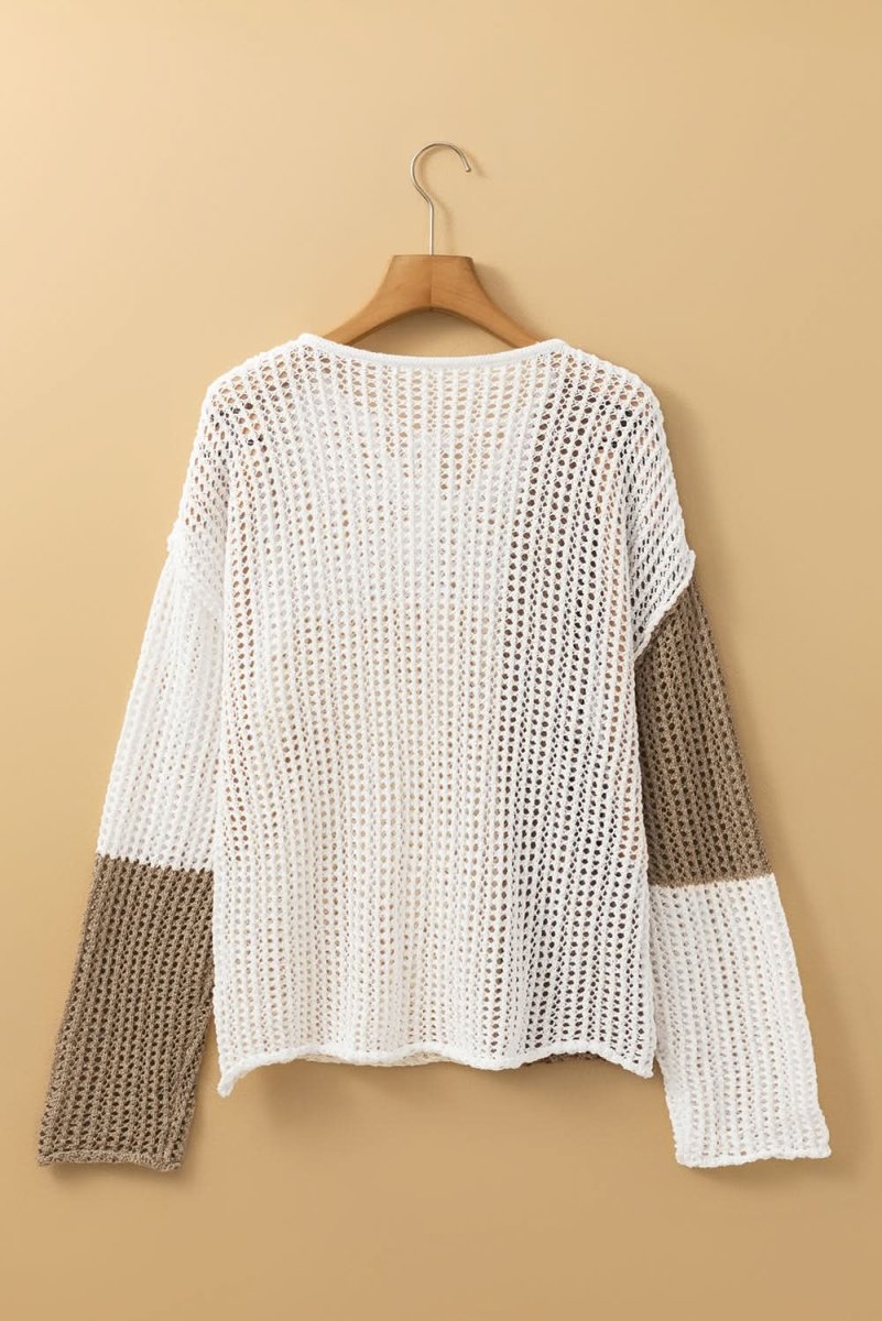 Brown Colorblock V Neck Lightweight Hollow - out Sweater with Front Tie Detail - Love Salve