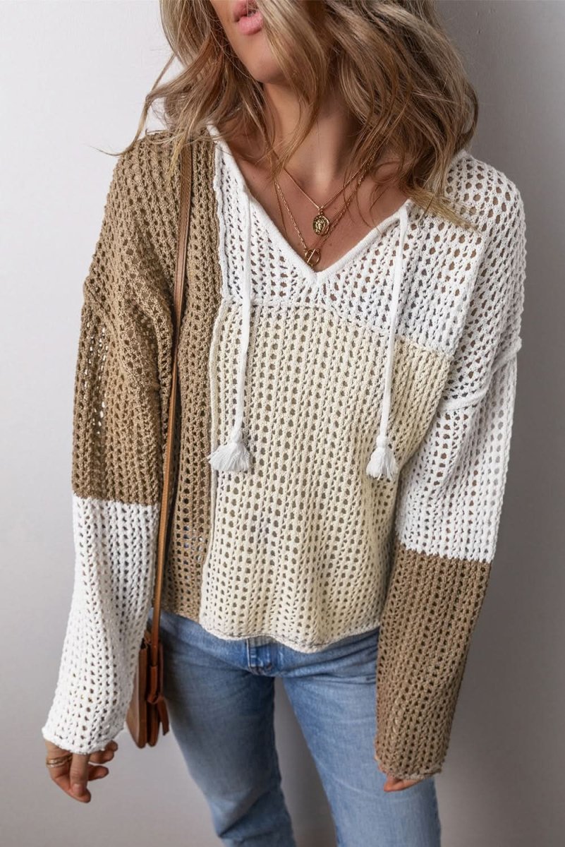 Brown Colorblock V Neck Lightweight Hollow - out Sweater with Front Tie Detail - Love Salve