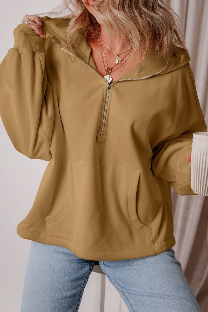 Brown Fleece Lined Half Zipper Kangaroo Pockets Loose Hoodie - Love Salve