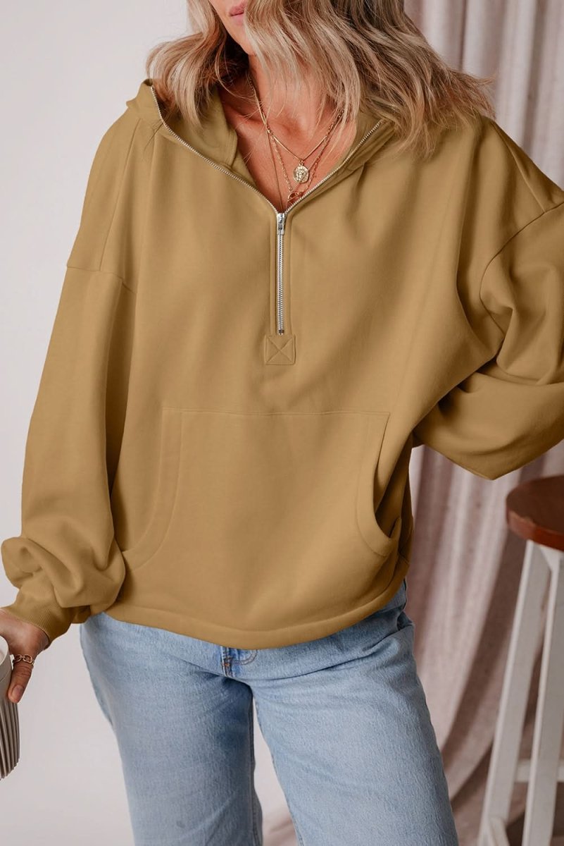 Brown Fleece Lined Half Zipper Kangaroo Pockets Loose Hoodie - Love Salve