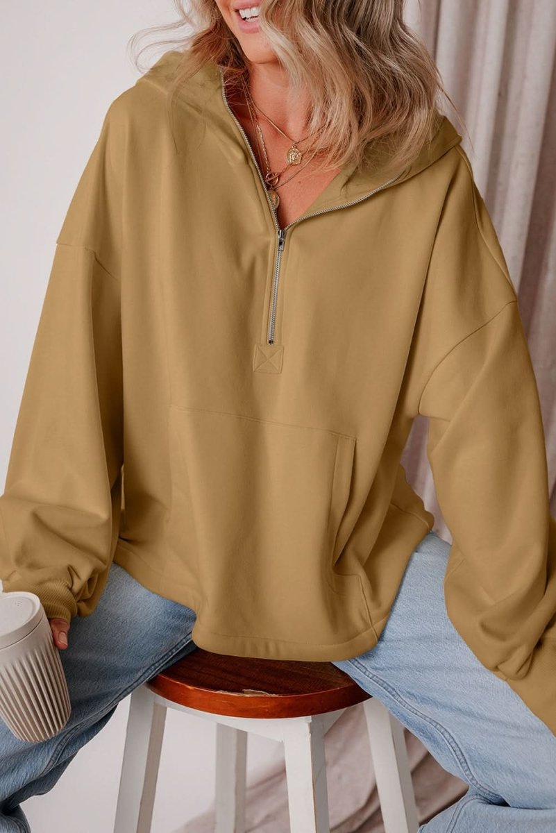 Brown Fleece Lined Half Zipper Kangaroo Pockets Loose Hoodie - Love Salve