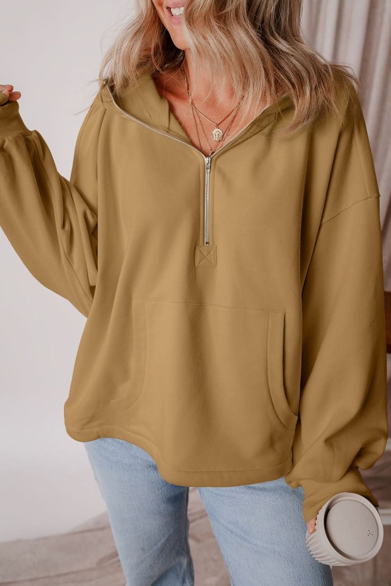 Brown Fleece Lined Half Zipper Kangaroo Pockets Loose Hoodie - Love Salve