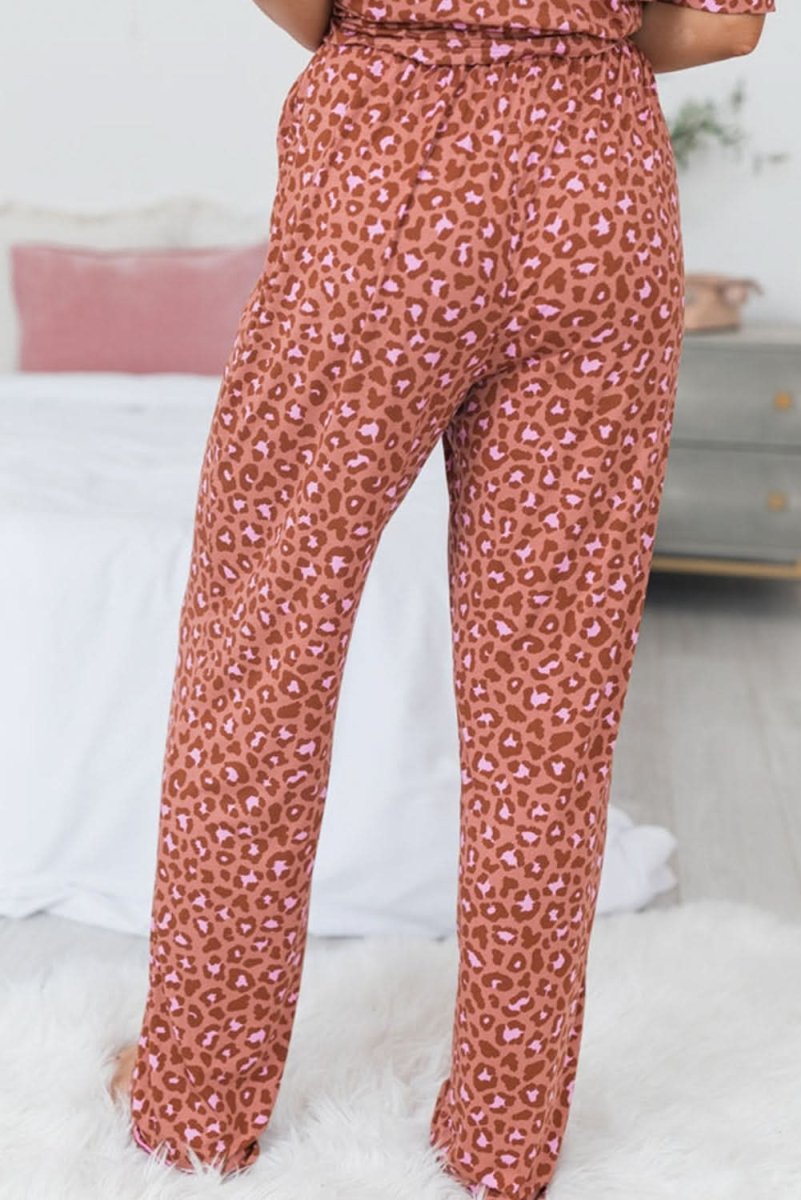 Brown Leopard Print Short Sleeve Shirt and Pants Pajamas Set - Love Salve