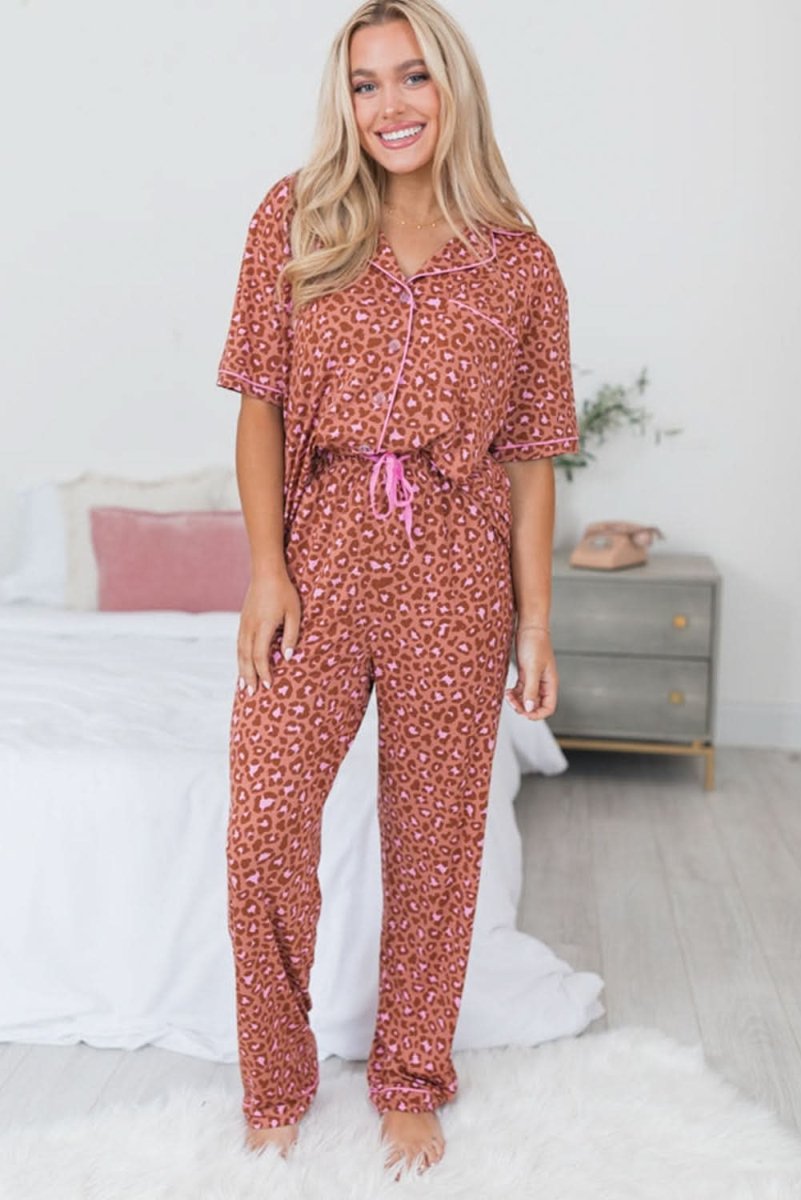 Brown Leopard Print Short Sleeve Shirt and Pants Pajamas Set - Love Salve