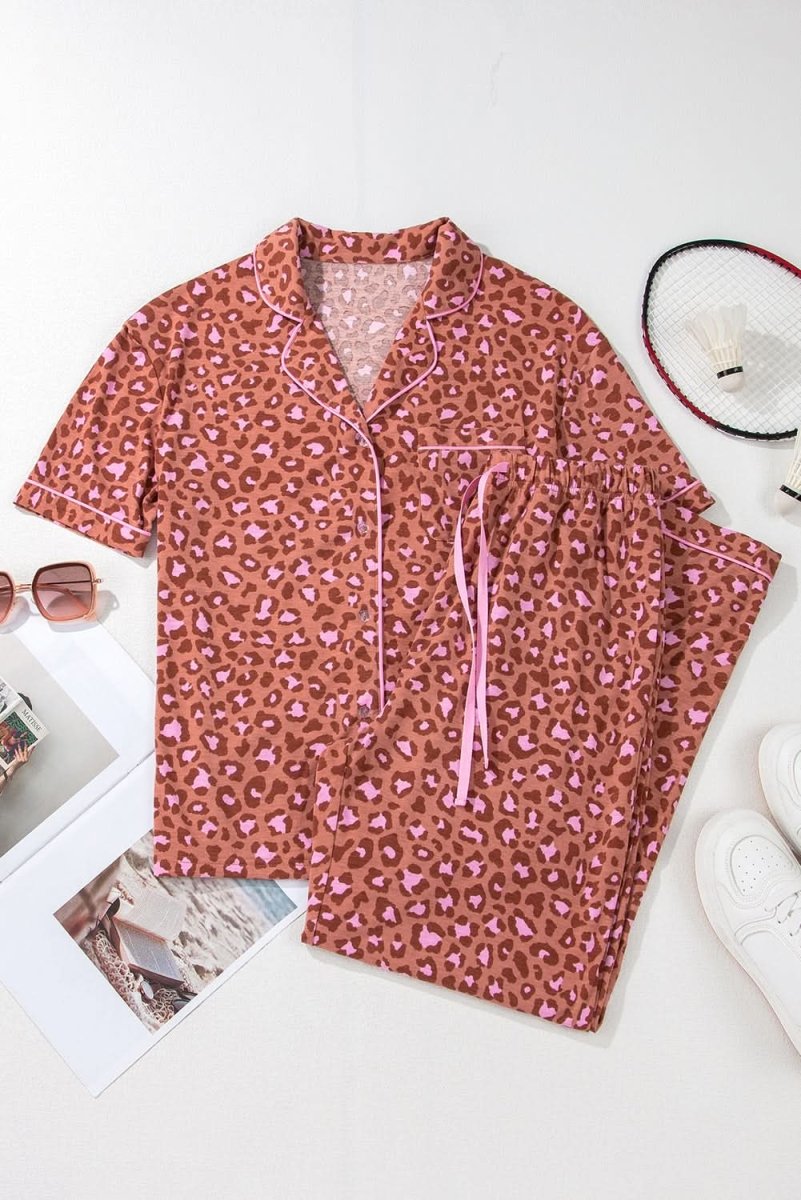 Brown Leopard Print Short Sleeve Shirt and Pants Pajamas Set - Love Salve