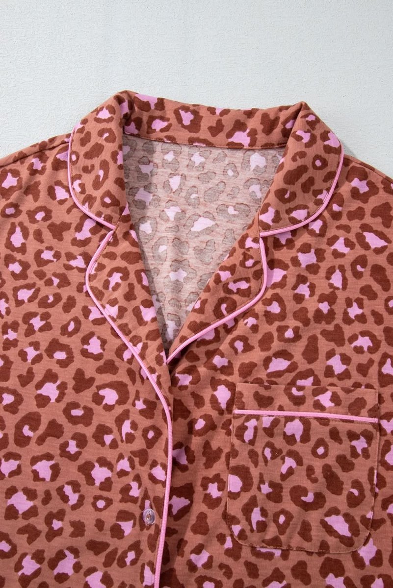 Brown Leopard Print Short Sleeve Shirt and Pants Pajamas Set - Love Salve