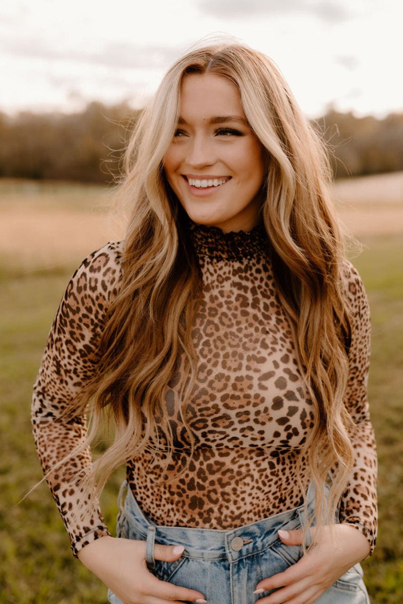 Brown Leopard Smocked Neck Mesh Long Sleeve Bodysuit - Love Salve