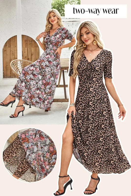 Brown Mesh Leopard Floral Reversible V Neck Short Sleeve Dress - Love Salve
