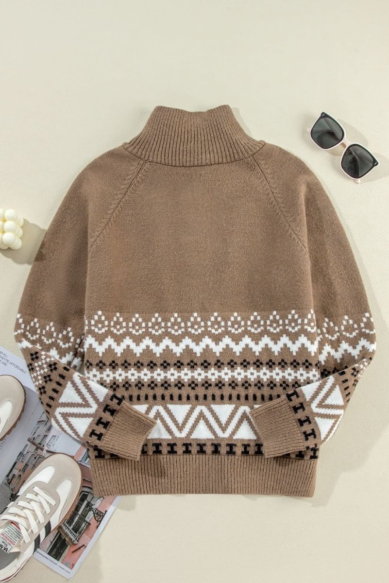 Brown Ribbed Trim Collared Zip-Up Cardigan with Western Print - Love Salve
