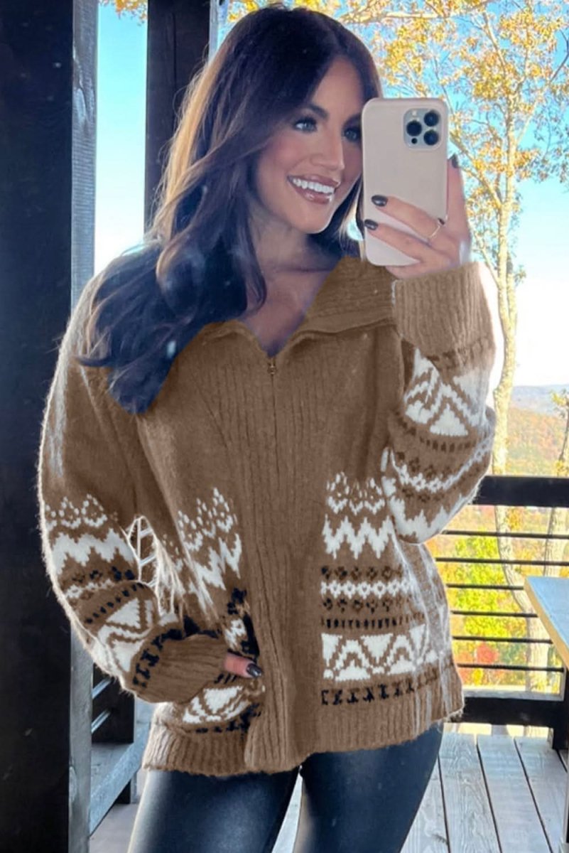 Brown Ribbed Trim Collared Zip-Up Cardigan with Western Print - Love Salve