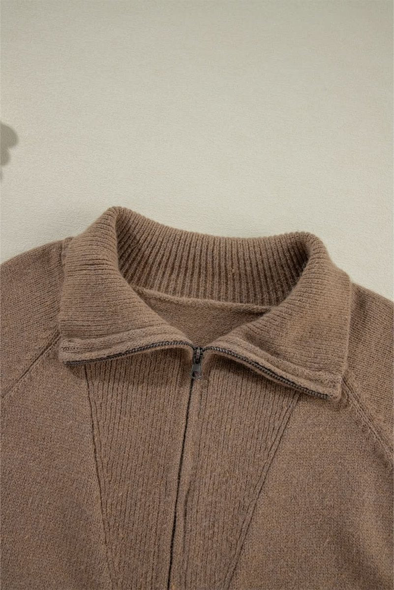 Brown Ribbed Trim Collared Zip-Up Cardigan with Western Print - Love Salve