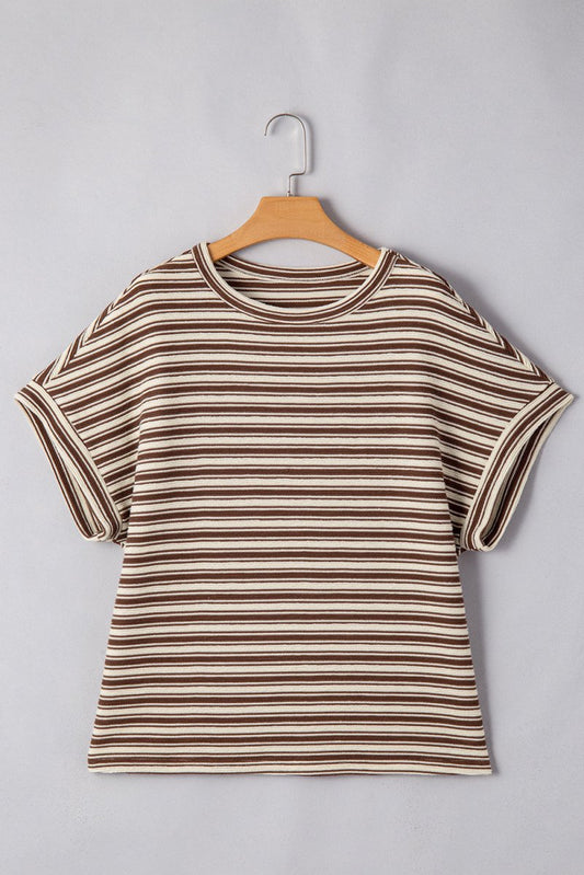 Brown Stripe Textured Side Slits Crew Neck T Shirt for Women - Love Salve