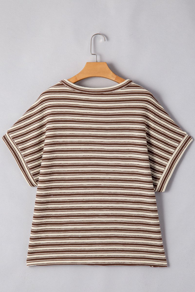 Brown Stripe Textured Side Slits Crew Neck T Shirt for Women - Love Salve