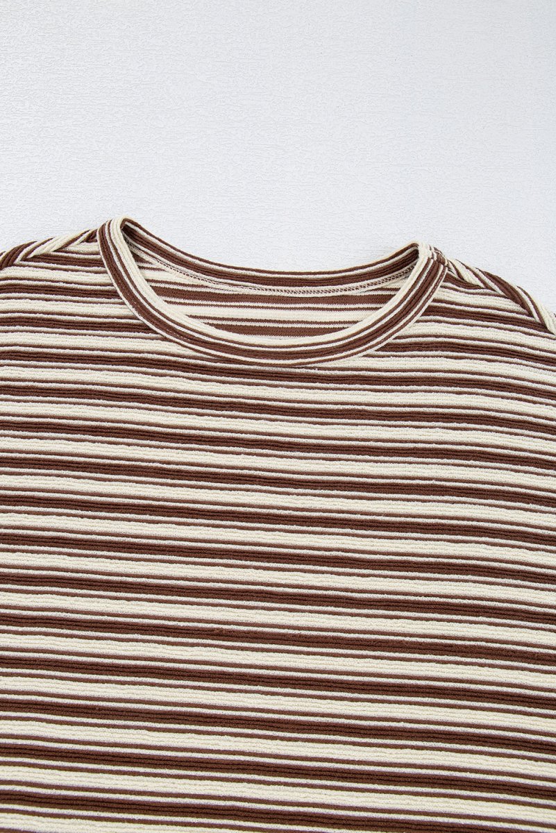 Brown Stripe Textured Side Slits Crew Neck T Shirt for Women - Love Salve