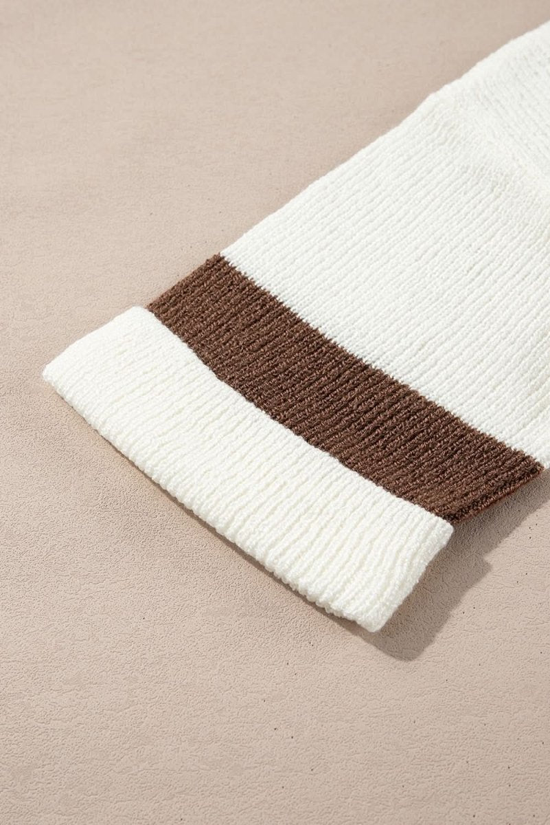 Brown Striped Accent Notched V Neck Cropped Sweater T Shirt - Love Salve