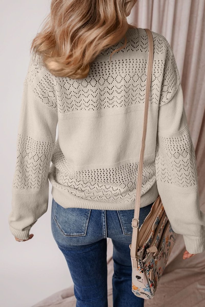 Brown V Neck Drop Shoulder Sweater with Eyelet Pattern Details - Love Salve