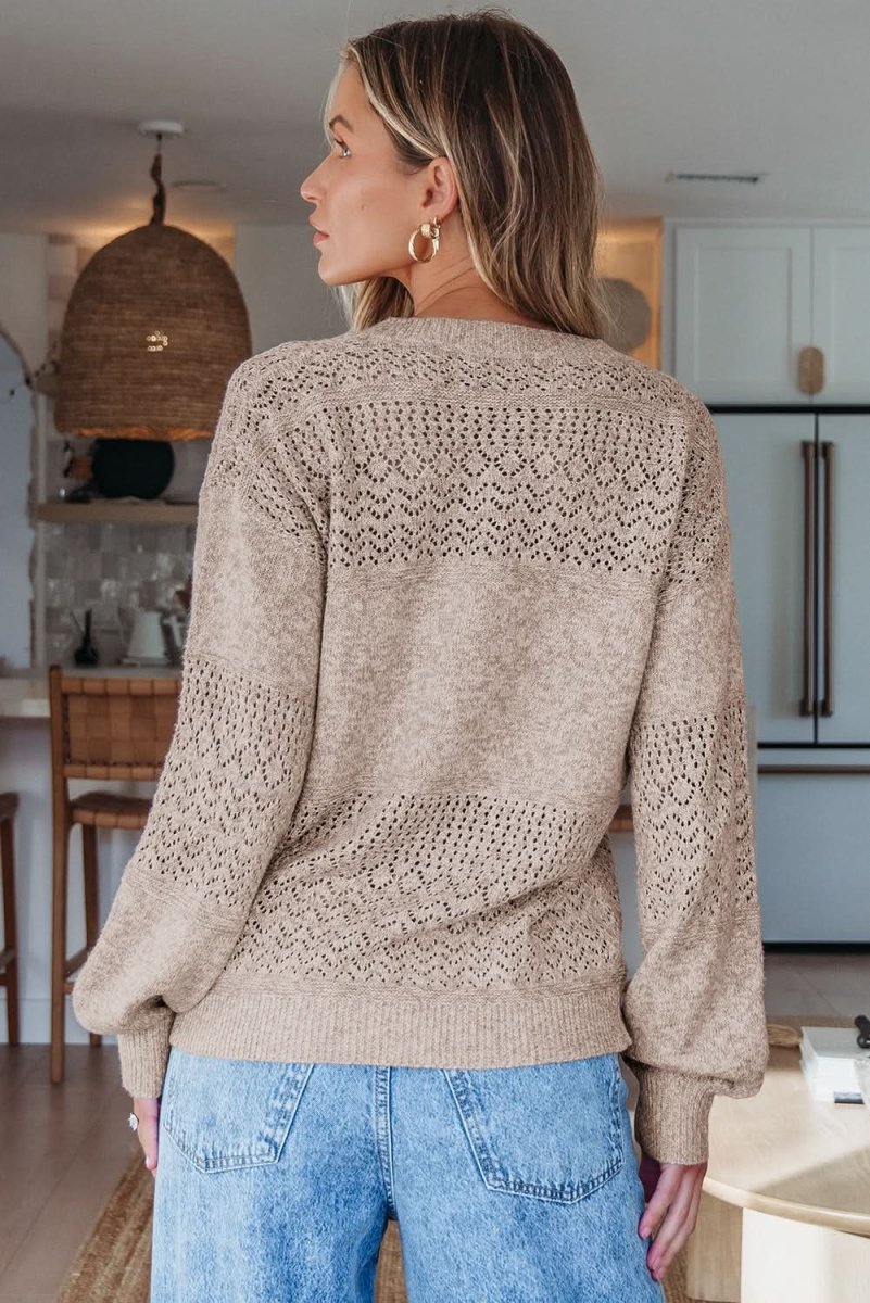 Brown V Neck Drop Shoulder Sweater with Eyelet Pattern Details - Love Salve