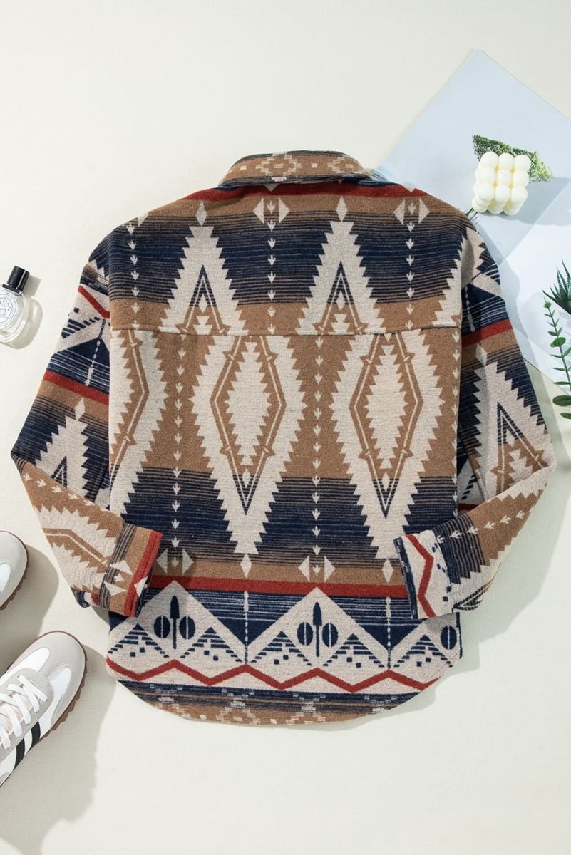 Brown Western Aztec Collared Button - up Sweatshirt - Love Salve