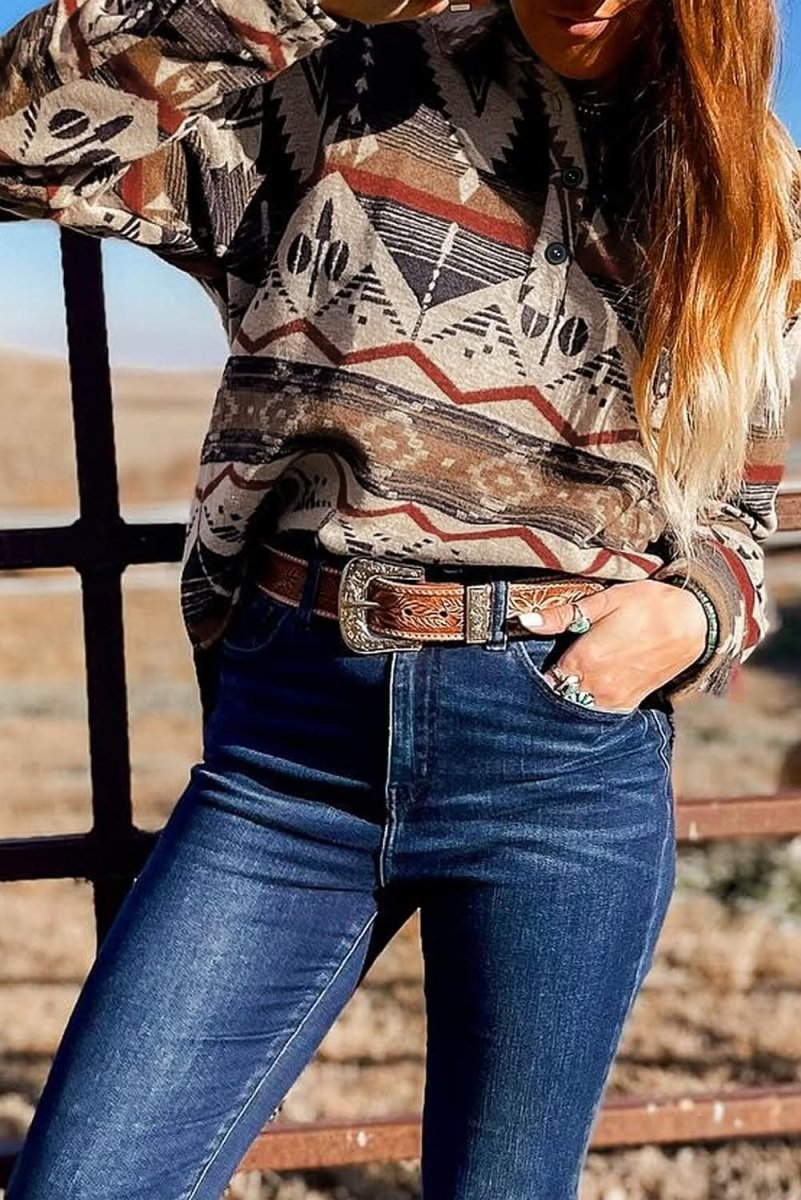 Brown Western Aztec Collared Button - up Sweatshirt - Love Salve