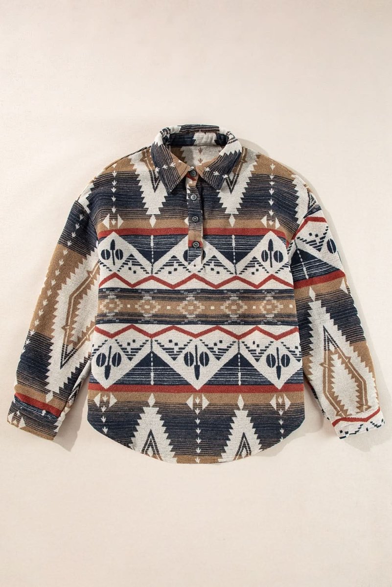 Brown Western Aztec Collared Button - up Sweatshirt - Love Salve