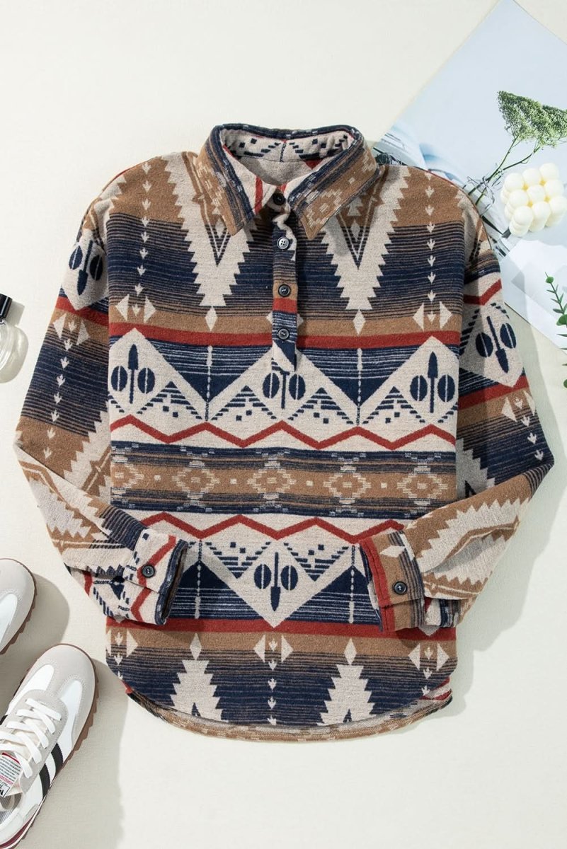 Brown Western Aztec Collared Button - up Sweatshirt - Love Salve