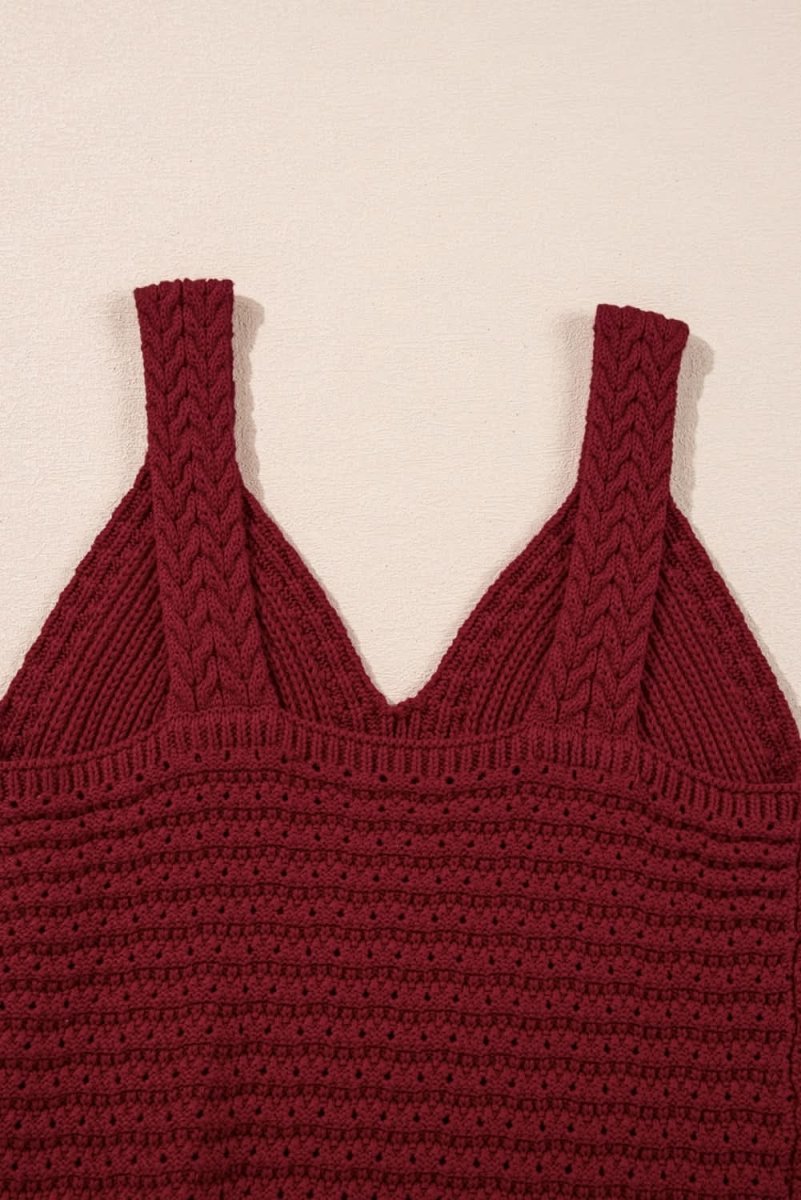 Burgundy Cable Knit Pointelle Slim Fit V Neck Sweater Vest - Love Salve