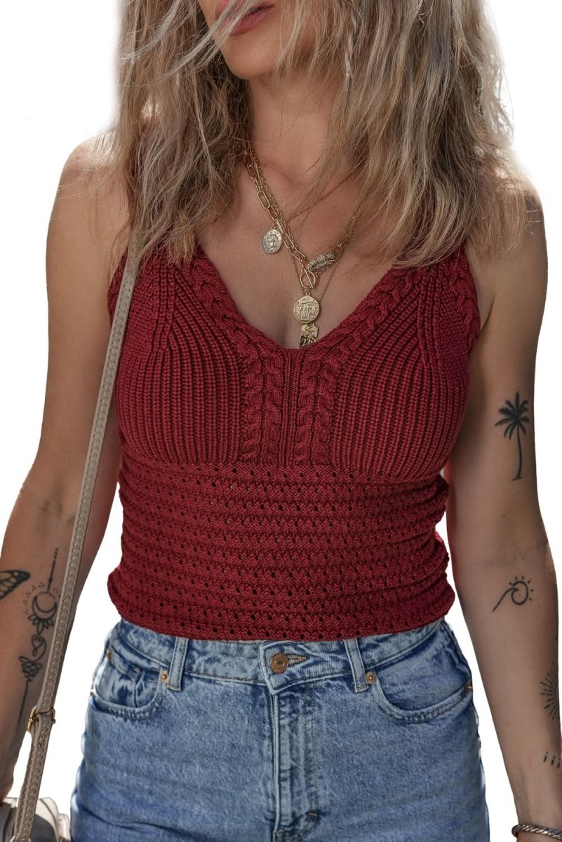 Burgundy Cable Knit Pointelle Slim Fit V Neck Sweater Vest - Love Salve