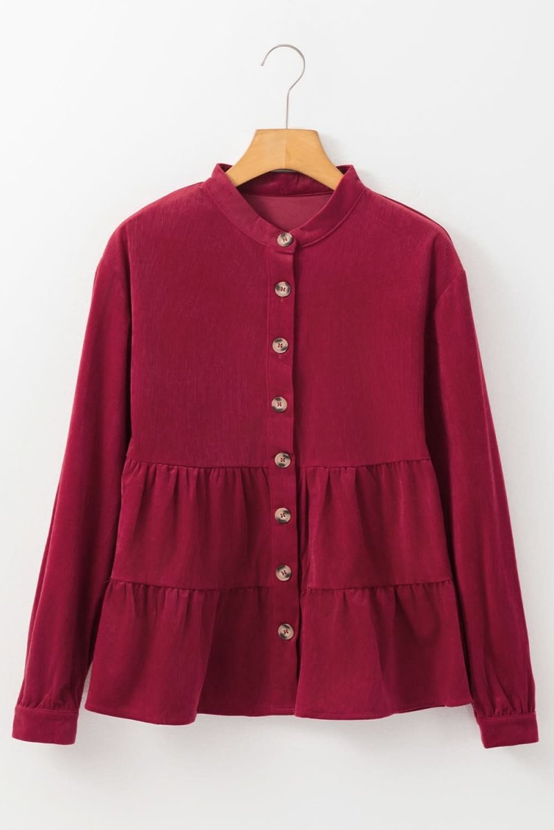 Burgundy Corduroy Ruffle Tiered Buttoned O Neck Shirt - Love Salve