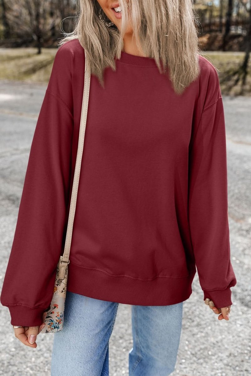 Burgundy Plain Drop Shoulder Crewneck Pullover Sweatshirt - Love Salve