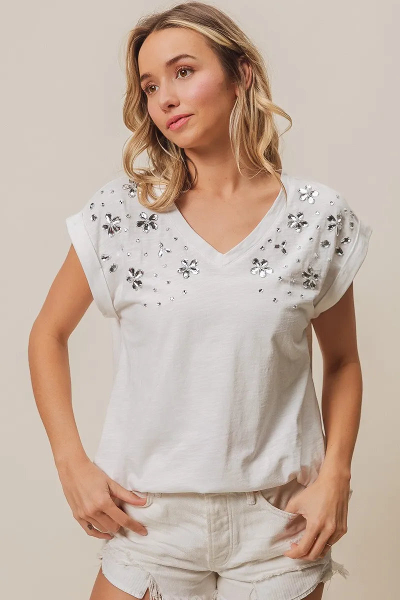 BiBi Slub Jersey Rhinestone V Neck Top - Love Salve
