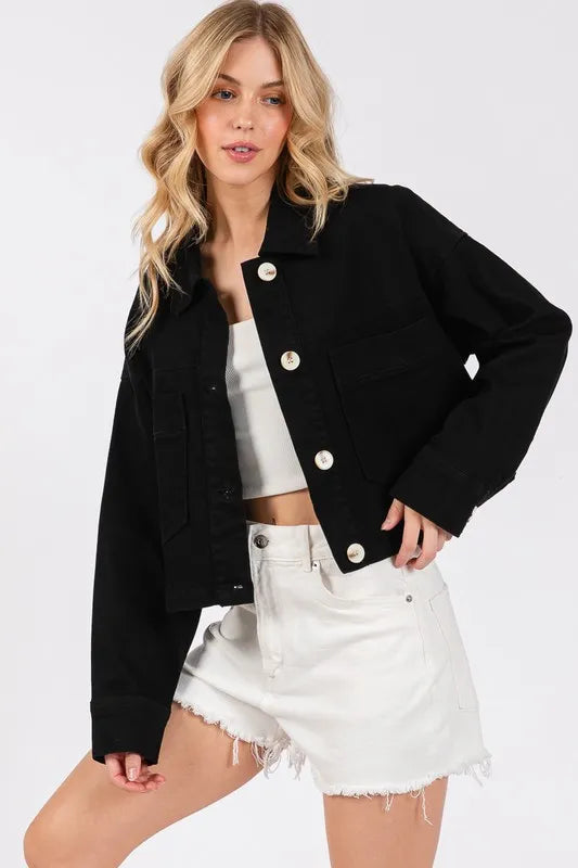 Bytos Button Down Cropped Denim Jacket With Patch Pockets Black Wash - Love Salve