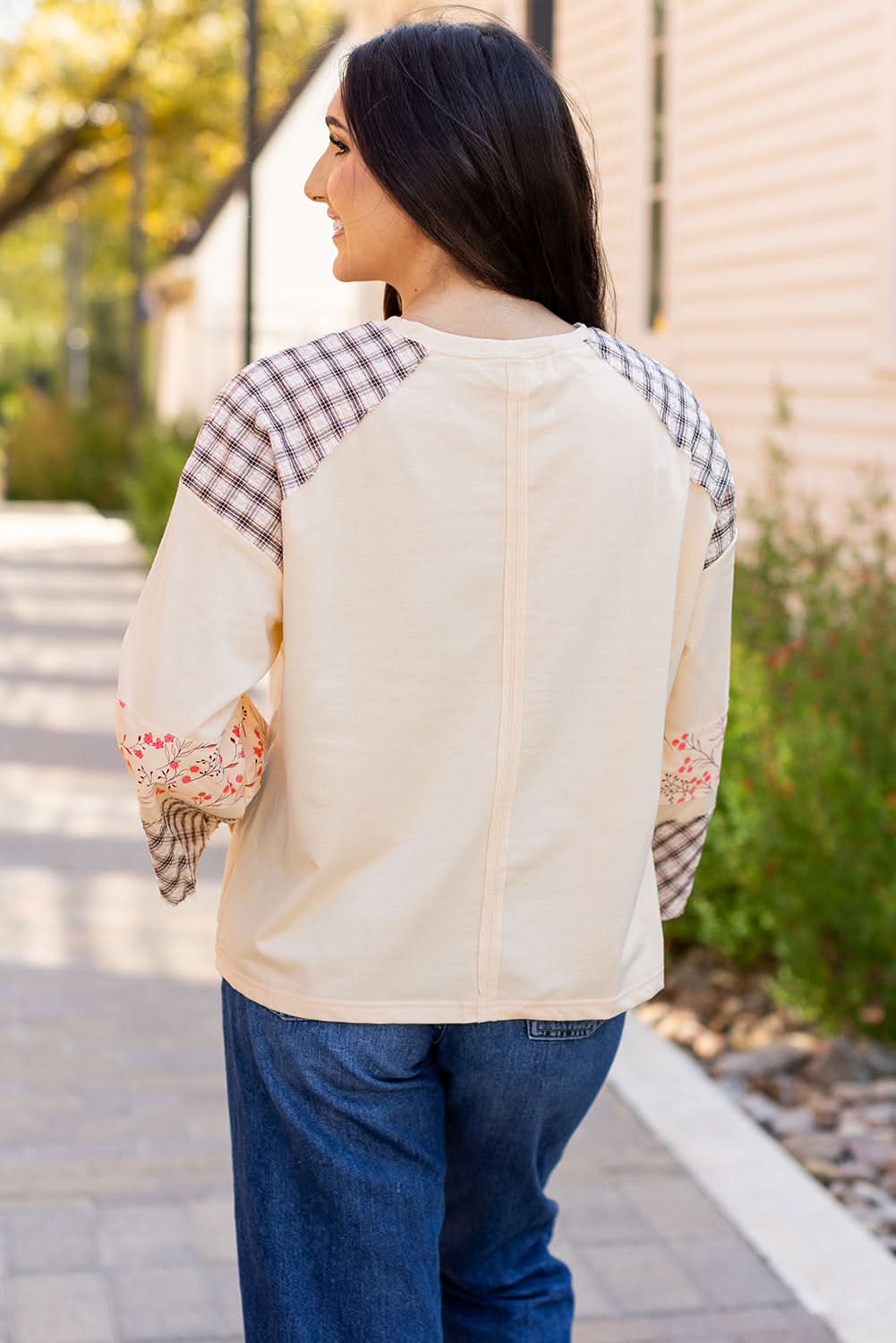 Beige Plaid Floral Peace Heart Graphic Wide Long Sleeve Top - Love Salve