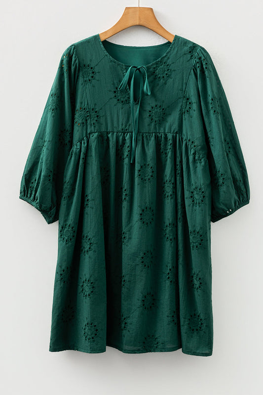 Blackish Green Eyelet Embroidered Swing Dress Puff Sleeve Dear-Lover Dropshipping
