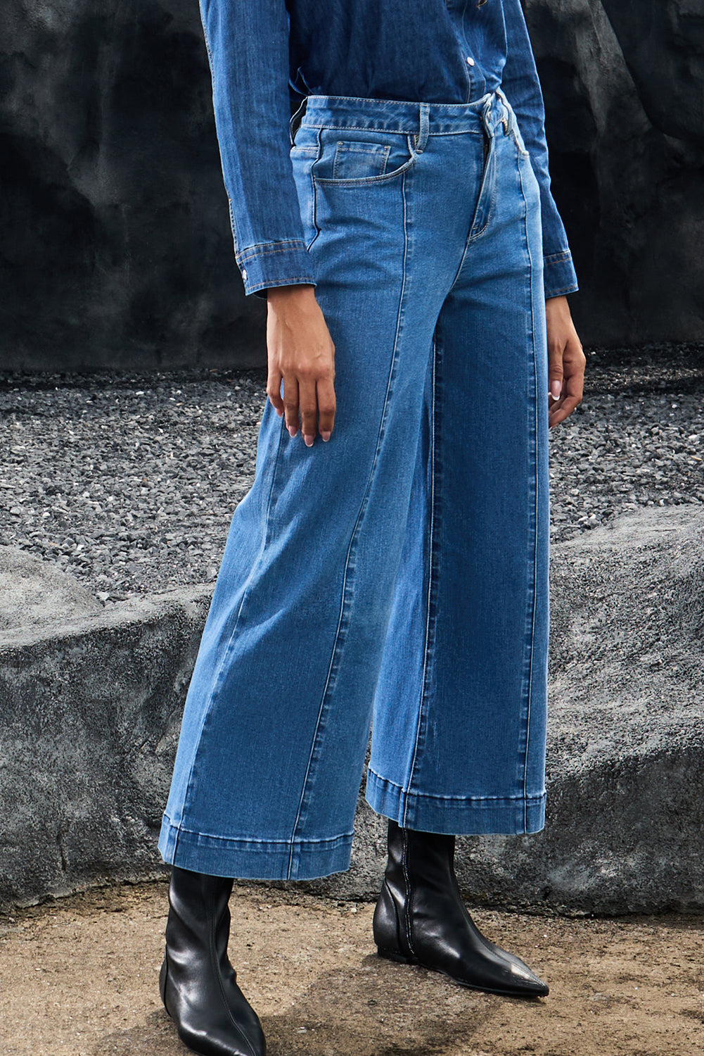 Dark Blue Plain Seam Detail Flared Bottom Ankle Length Jeans