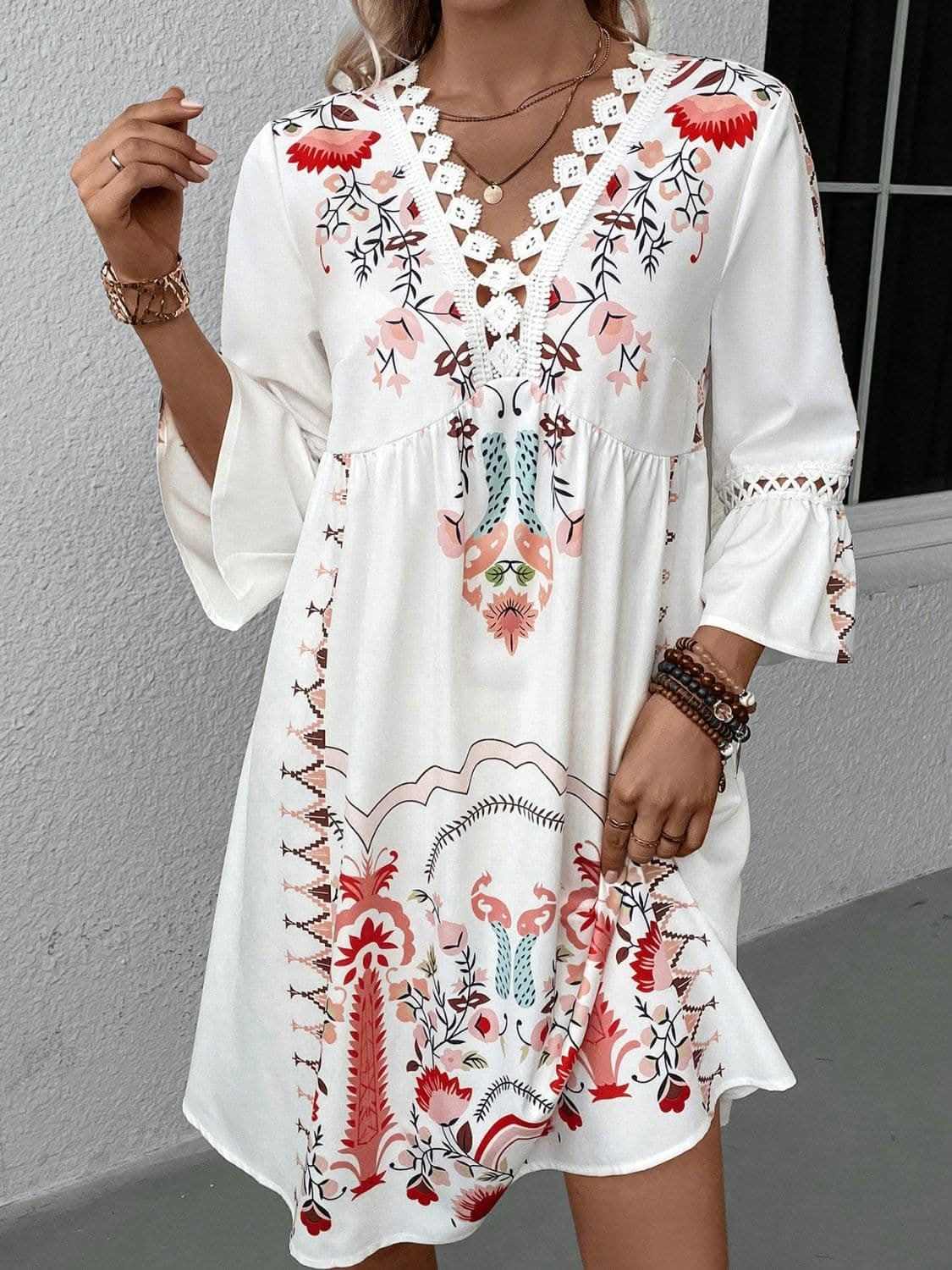 Lace Printed Three-Quarter Dress with Sheer Elegance - Love Salve