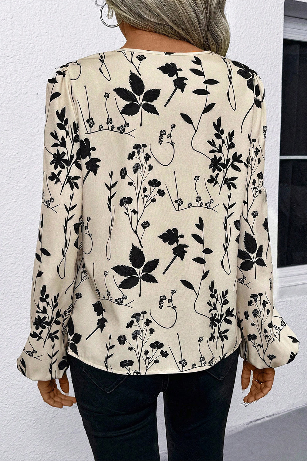 Premium Khaki Botanical Floral Print Split Neck Long Sleeve Blouse