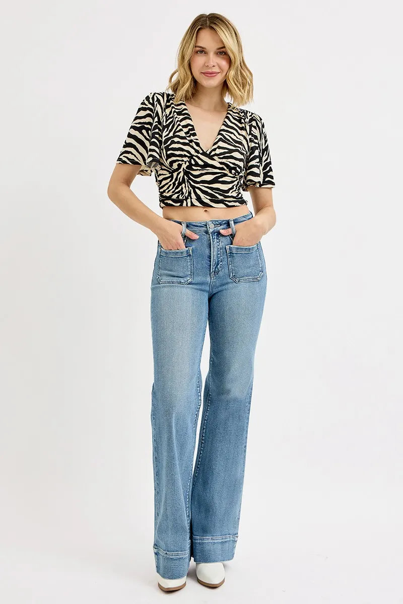Risen Full Size High Rise Wide Flare Patch Pocket Jeans Plus Size - Love Salve