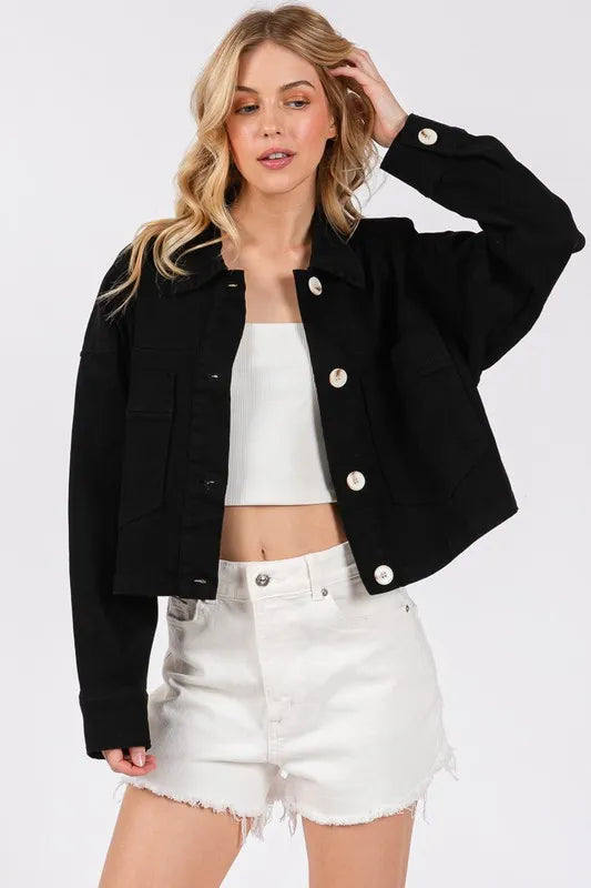 Bytos Button Down Cropped Denim Jacket With Patch Pockets Black Wash - Love Salve