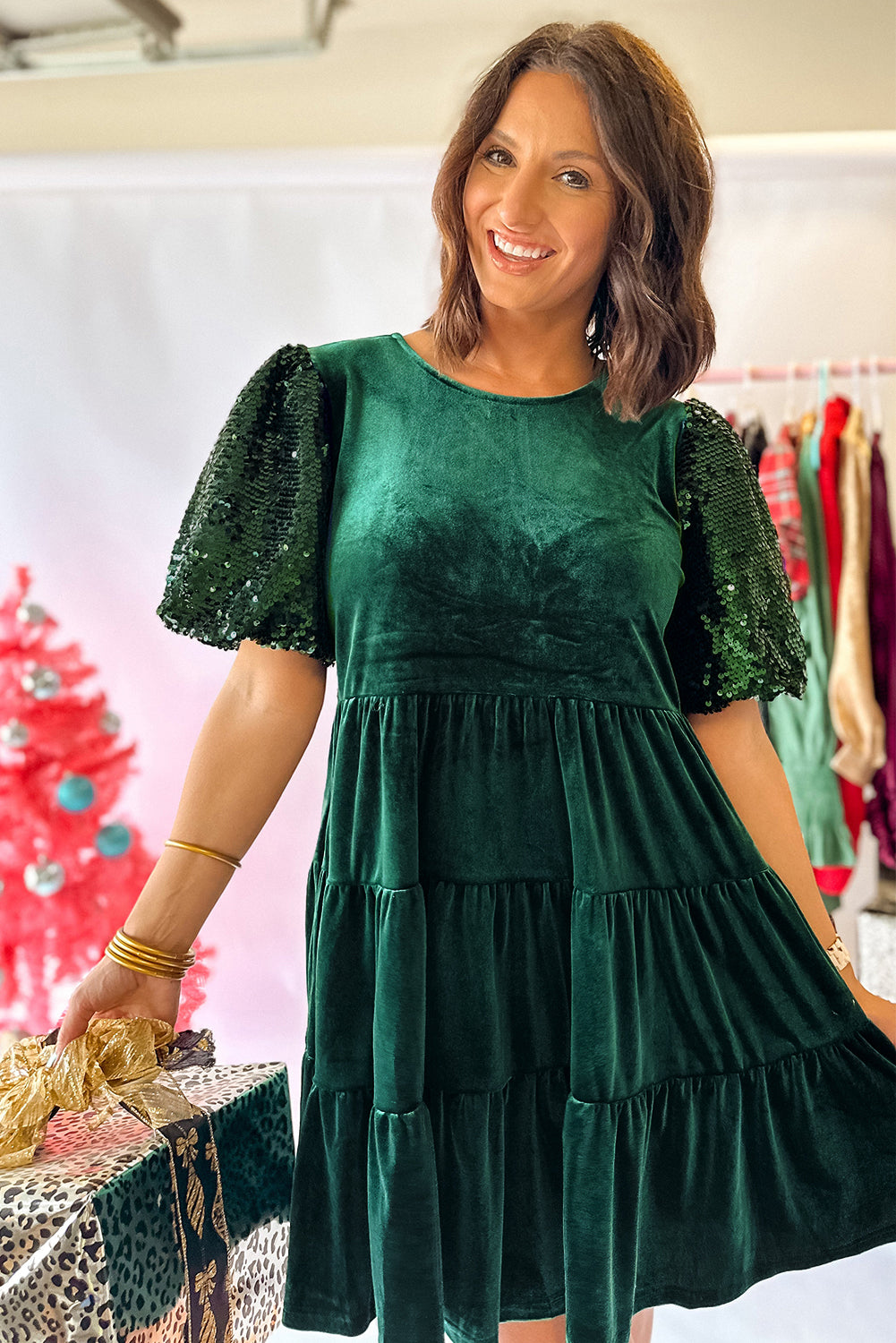 Evergreen Sequin Puff Sleeve High Waist Velvet Mini Dress
