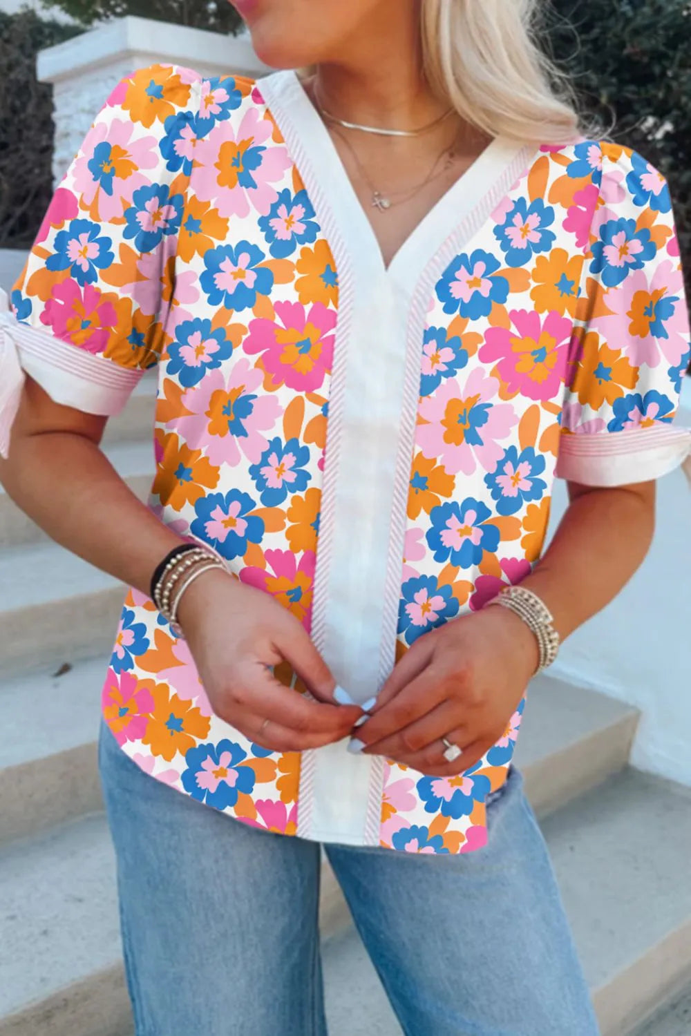 Floral Striped Edge V Neck Knotted Short Sleeve Blouse