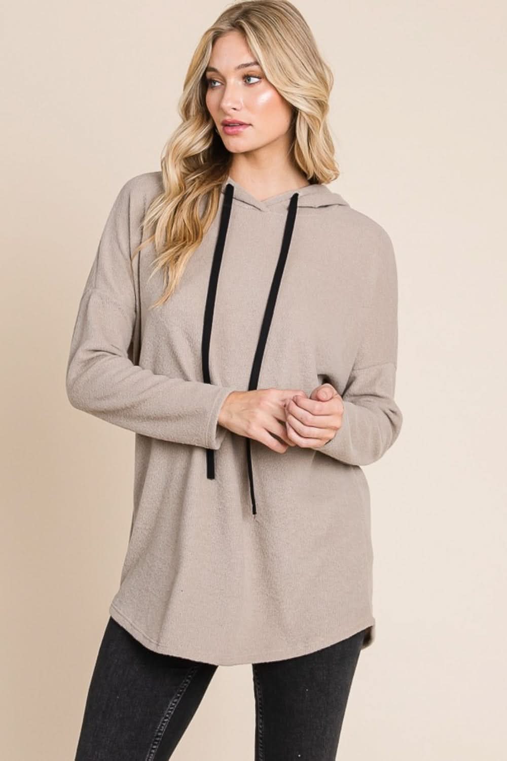 BOMBOM Contrast Drawstring Drop Shoulder Knit Hoodie - Love Salve