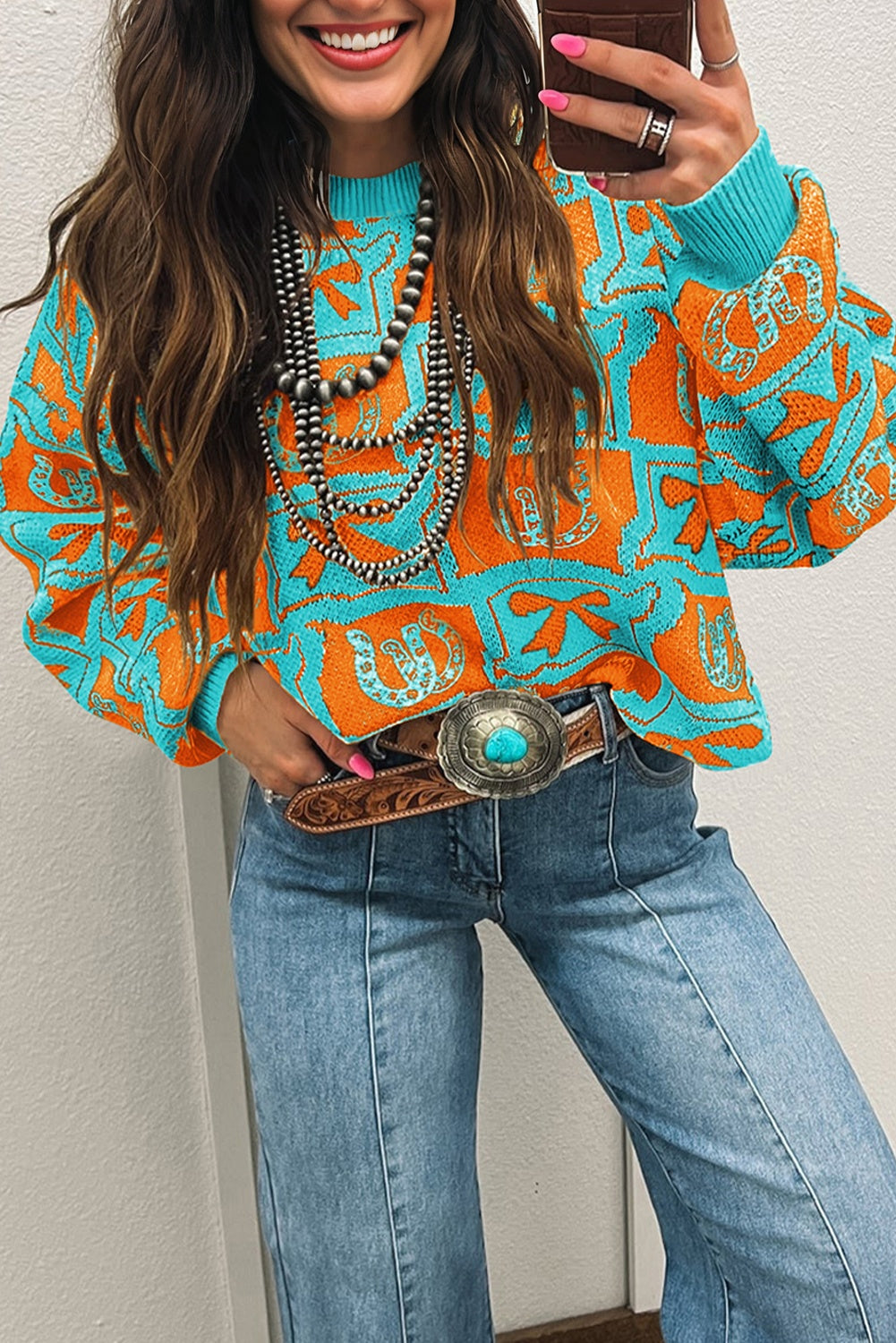 Light Blue Bows And Horseshoes Pattern Western Sweater